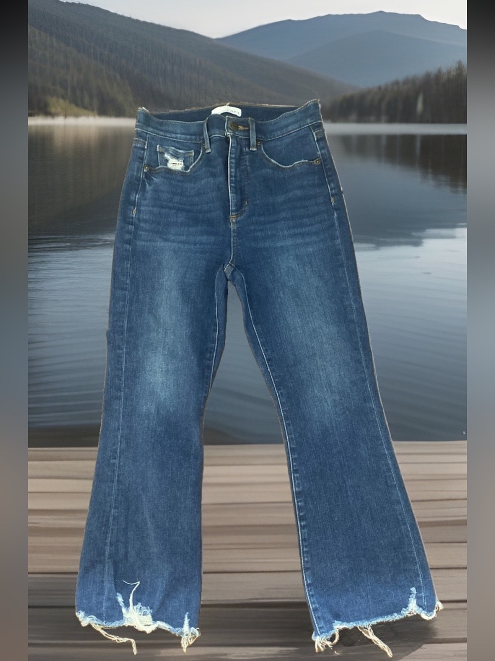 Loft The Kick Crop Jeans Frayed Raw Hem High Rise Kick Flare Size 27/4 Petite